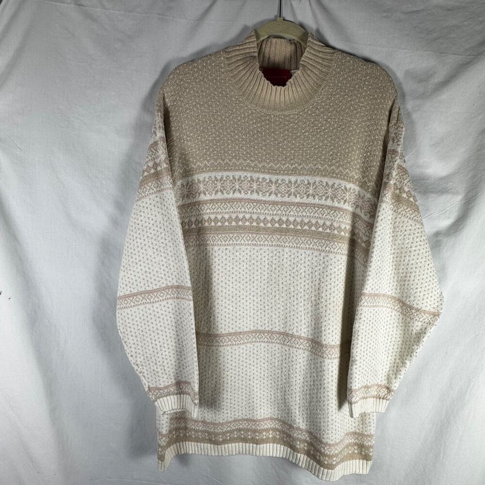 Liz Claiborne Sweater XL Nordic Style Ivory & Pink w/ sparkle thread Mock Turtle